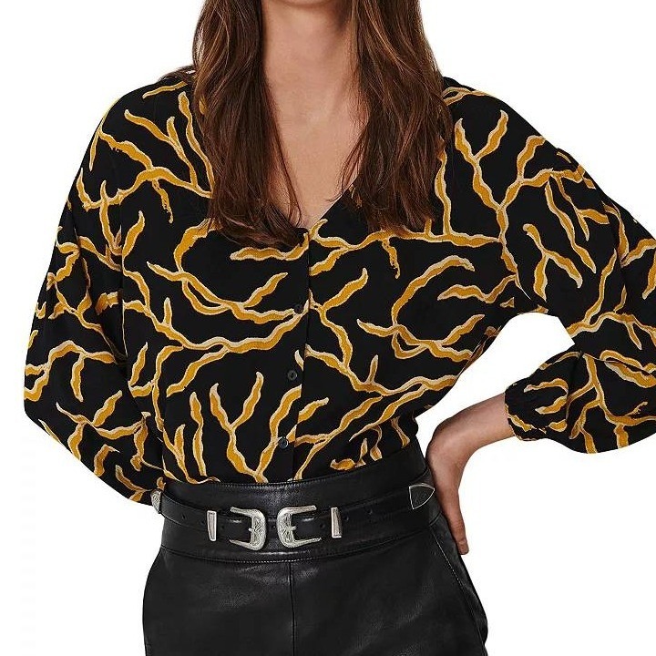 Ba&Sh Black Gold Clea Printed Blouse Button Up V Neck Size 4
